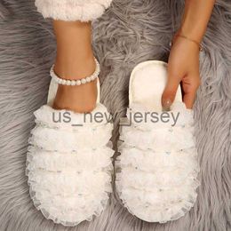 Slippers Pleated Ribbon Fur Slippers for Women 2023 New Warm Fluffy Flat Heels Winter Slippers Woman Soft Sole House Cotton Shoes Slides J230810