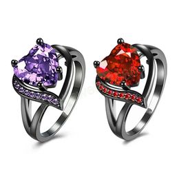 Romantic Black Gold Plated Promise Band Ring Wedding Purple Heart Cubic Zirconia Rings For Women