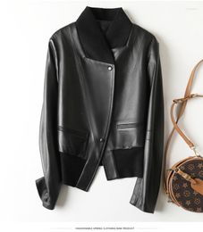 Women's Leather Genuine Real Black Jacket For Short Motorcycle Asymmetric Sheepskin Spring Wear 2023