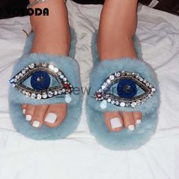 Slippers Winter Plush Slippers Women Shoes Luxury Rhinestone Eyes Cotton Home Flat Slides Furry Warm Flip Flops Anti-slip Slippers 35-42 J230810