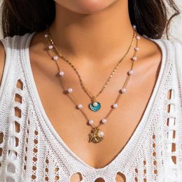 Pendant Necklaces Salircon Boho Metal Shell Starfish Necklace Fashion Imitation Pearl Double Layer Chain Women's Charm Jewellery