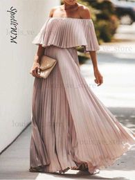 Elegant Women Off Shoulder Pleated Maxi Dress 2023 Fashion Wrapped Chest Evening Dress Chic Floral Chiffon Swing Strapless Dress T230810