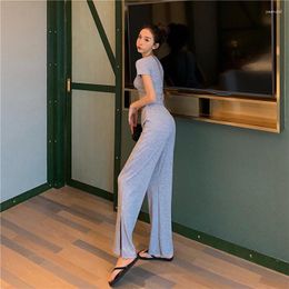 Women's Sleepwear Summer Cute Home Suit Homewear For Women Nightgown Slim T-Shirt Long Pant Female Solid Colour Grey Casual Cotton Pyjama