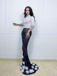Stage Wear Silver Rhinestones Pearls White Flowers Transparent Long Dress Birthday Celebrate Costume Evening Dance Show 20230002