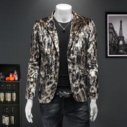 High Quality Korean Velvet Leopard Print Suit Jacket Men Casual Business Wedding Blazer Masculino Street WearSocial Party Jacket