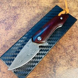 S7220 Flipper Folding Knife Damascus Steel Drop Point Blade Rosewood Handle EDC Pocket Folder Gift Knives Outdoor Tools MY