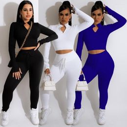 Women's Two Piece Pants And American Fashion Leisure Solid Color V-neck Zipper Strap Slim Fitting Long Sleeved Sports Two-piece Set