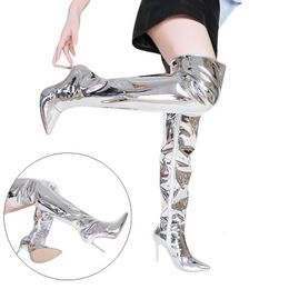 Boots Sexy Silver Mirror Thigh High Boot T Show Pointy Toe Club Party Shoes Thin Heels Over The Knee Long For Women 230817