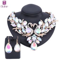 Luxury Gold Plated Multicolor Crystal New Collier Femme Double Swan Statement Necklace Earring For Women Party Wedding Jewelry Set