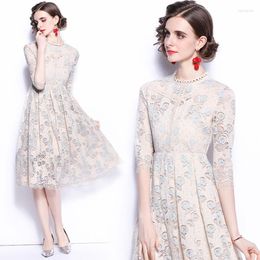 Casual Dresses Especially Beautiful Summer Fall Apricot Lace Rose Embroidery O-Neck 3/4 Sleeve Women Temperament Tunic Slim A-Line Midi
