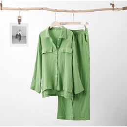 Women's Sleepwear Loose Loungewear 2 Pieces Pyjamas Set For Women Turn-Down Collar Sleep Tops Cardigan Suits Long Pant Gauze Shirt Casual