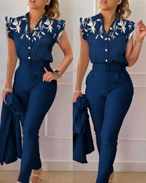 Women's Two Piece Pants Spring And Autumn Fashion Printed Ruffle Sleeve V-Neck Button Top Elegant High Waist Solid 2-piece Set With Belt