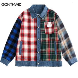 Mens Jackets Men Retro Plaid Jacket Streetwear Harajuku Vintage Shirt Patchwork Denim Coats Y2K Hip Hop Fashion Casual Loose Outwear 230810
