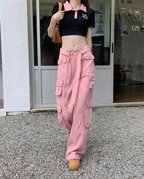 Women's Jeans American Spice Girls Pink Jeans High Waist Vintage Street Multi Pocket Cargo Pants Women Design Sweet Cool Wide Leg Pants 230809