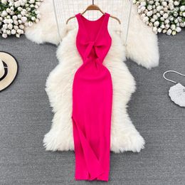 Casual Dresses Elastic Tight Slim Sleeveless White Knitted Hip Wrap Dress Robe Femme Sexy V Neck Vestidos Solid Vest Bodycon Sweater Y2k