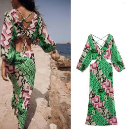 Casual Dresses 2023 Summer Women Midi Linen Dress V Neck Long-Sleeved Slim-Fit Green Floral Beach Street Style Elegant Female Holiday Vestid