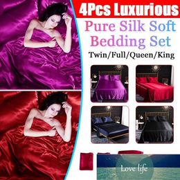 4Pcs Set Romantic Soft Silk Satin Bedding Set Home Textile Bed Set Flat Sheet Fitted Sheet Pillowcase Twin Full Queen King Size Fa214r