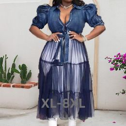 Plus Size Dresses Women's Dress Xl-5xl Mesh Patchwork Puff Sleeve Ladies Shirt Maxi Denim Jeans Wholes 3xl 4xl 5xl 6xl