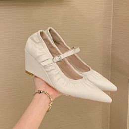 Dress Shoes 2023 Natural Genuine Leather Women Heels Pointed Toe Fashion Fold Design Party Wedding Wedges High Heel 230809