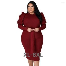 Plus Size Dresses For Women Puff Sleeve Turtleneck Bodycon Elegant Office Lady Dress With Sashes Wholesale Dro 3xl 4xl 5xl 6xl