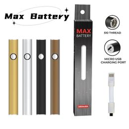 Original Max Battery 11.2mm Diameter Cartridge Batteries USB Passthrough 380mAh 2.7V 3.1V 3.6V Voltage Preheat Voltage VV Vape Pen fit 510 Carts Factory Direct Supply