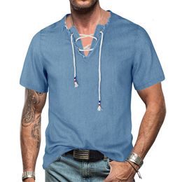 Men's Dress Shirts Summer Fashion European and American Men's Denim Shirt V-Neck Lace-up Tassel Solid Colour Denim Clothes For Men 230809