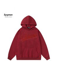 Mens Hoodies Sweatshirts Sycpman Vintage Solid Letter Sticker Embroidered Hooded Sweatshirt for Men Trend Loose Casual Autumn Couple Streetwear 230809