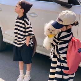 Family Matching Outfits Brother Sister Summer Collar Boy Clothes Girl Striped Dress Style family matching outfits Sibling look