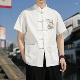 Ethnic Clothing Chinese Style Men Stand-up Collar Shirt Sinicism Hanfu Dial Buckle Embroidered Half-sleeved Men's Linen Loose