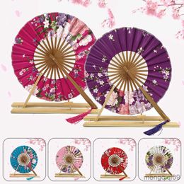 Chinese Style Products New Japanese Style Sakura Flower Pocket Folding Hand Fan Round Circle Wedding Party Decor Gift Bamboo Windmill Fan Home Decor R230810