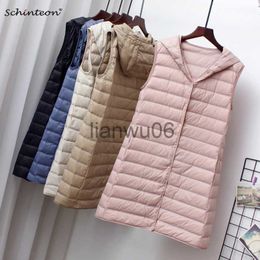 Women's Jackets Schinteon Women Ultra Light Down Long Vest with Hood Casual Slim Waistcoat 90 White Duck Down Gilet New 2023 Fashion Hot Sale J230810