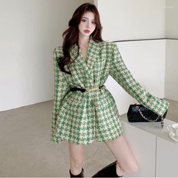 Women's Suits 2023 Women Suit Jacket Tweed Blazer Vintage Long Sleeve Pockets Female Outerwear Chic Plaid Woollen Coat Femme Fall Winter