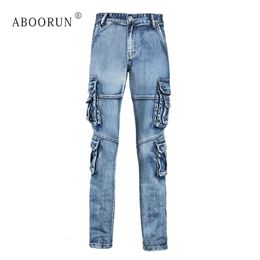 Mens Jeans ABOORUN Retro Cargo Multi Pockets Patchwork Overalls High Quality Outdoor Brand for Male x1649 230809