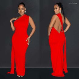 Casual Dresses Sexy One Shoulder Hollow Out Back Lace Up Ruched Bodycon Maxi Dress Ladies Culb Party