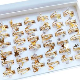 Wedding Rings 10/20/30pcs Lot Fashion Heart Snow Butterfly Spiral Crystal Women's Jewellery Stainless Steel Gold Plated Party Gift