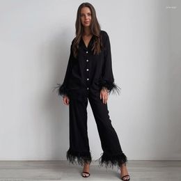 Women's Swimwear Beach Pareos Women 2023 Dress Beaches Summer Ostrich Feather Pajamas Cotton Silk PantSuit Black Ladies Wear Outside Smoking