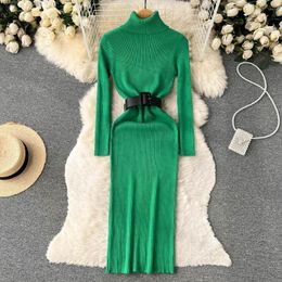 Casual Dresses Autumn WINTER HIGH COLLAR TIGHT-KNIT Waist SHOWS Thin Inside BUILD A BAG BUTTOCK Sexy Bottom Sweater Dress