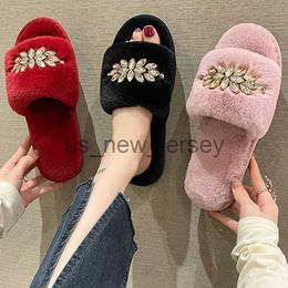 Slippers Fashion Crystal Flower Design Women Home Flat Slippers Solid Colour Open Toe Home Fur Warm Non-slip Leisure Interior Woman Shoes J230810