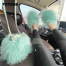 Slippers Luxury Mongolian Fur Slippers Faux Wool Fluffy Fur Slides Home Flat Flip Flop Cute Furry Tassel Handbag Women Shoes Shoulder Bag J230810