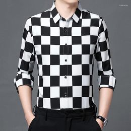 Men's Casual Shirts Black White Plaid For Men Long Sleeve Regular Fit Summer Quality Polyester Silky Luxury Easy Care Camisa Masculina