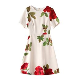 2023 Summer Apricot Floral Print Panelled Dress Short Sleeve Round Neck Knee-Length Casual Dresses W3Q014306