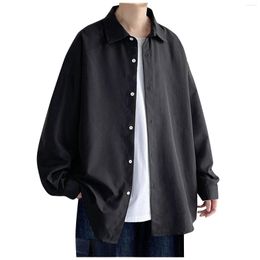 Men's Casual Shirts Summer Black Breathable Campus Solid Color Top Lapel Long Sleeve Cardigan With Button Daily