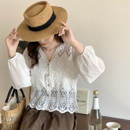 Women's Blouses Chic Shirts Top Women Hollow Out Crochet Floral Summer Blouse Button Korean Fashion Long Sleeve Gauze Camisas Almighty