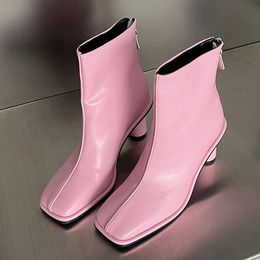 Boots Arrival Fashion Pink Leather For Women Square Toe Zip Round Heels Party Dance Ankle Booties Ladies Winter Shoes 230810
