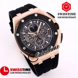 26571 26582 Quartz Chronograph Mens Watch Moon Phase Skeleton Dial Stopwatch Two Tone Rose Gold Case Rubber Watches 2022 SwissTime286D