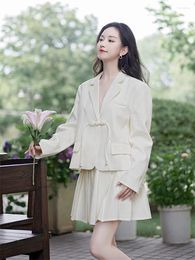 Two Piece Dress Suit Skirt And Jacket 2023 Autumn Chinese Style Button Blazer Pleated Fashion Temperament Women Set Z2438