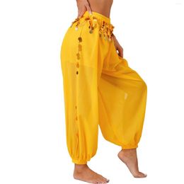 Stage Wear Womens Belly Dance Costume Sequins Side Split Chiffon Bloomers Trousers Semi See-Though Loose Pants Performance Dancewear