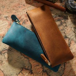 Leather Zipper Simple Pencil Case Cowhide Bag Personality Handmade Creative Retro Storage Boy Girl Gift