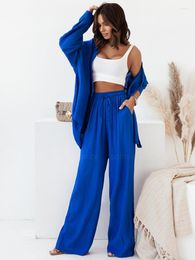 Women's Two Piece Pants 2Pcs Women Casual Outfits Vintage Loose Button Down Shirt Blouse High Waist Boho Palazzo Oversized Set Tracksuit