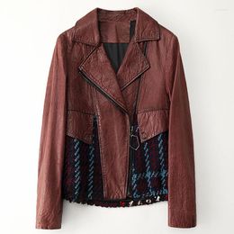 Women's Leather Sheepskin Patchwork Woollen Genuine Jacket With Fashionable Suit Collar For Motorcycle Style